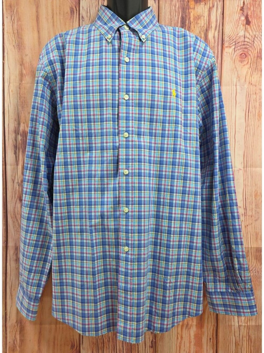 Ralph Lauren Mens XL Plaid Button-Down Shirt Blue Yellow Pink Long Sleeve Cotton